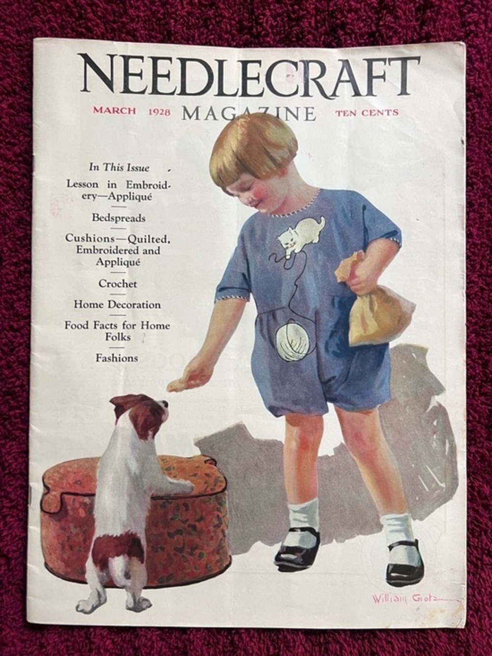 Needlecraft Magazine March 1928- Illustrated Cover with Child and Puppy - Blue